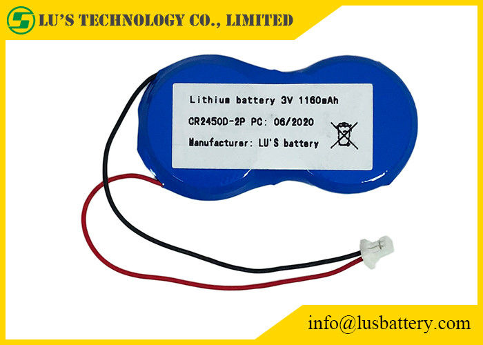 Célula 1200mah 3.0v de la moneda del litio del botón de CR2450-2P con el conector de los alambres JST